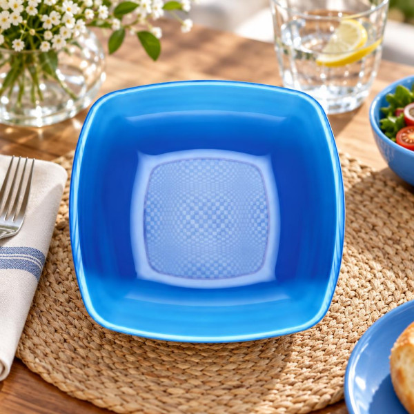 Piatti fondi quadrati riutilizzabili in polistirene blu trasparenti 18x18 cm - 25 pz