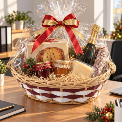 Cesto regalo ovale in vimini con fasce bordeaux e bianche e manici in legno 49 x 40 x 13 cm per cesti natalizi Preda