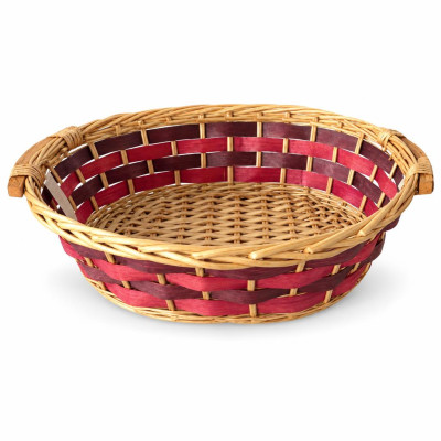 Cesto regalo ovale in vimini con fasce rosse e marroni e manici 49 x 40 x 13 cm per cesti natalizi Preda