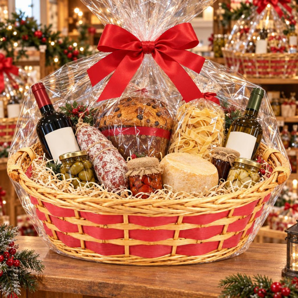 Cesto regalo ovale in vimini con fasce rosse e manici 61 x 48 x 16 cm per cesti natalizi Preda