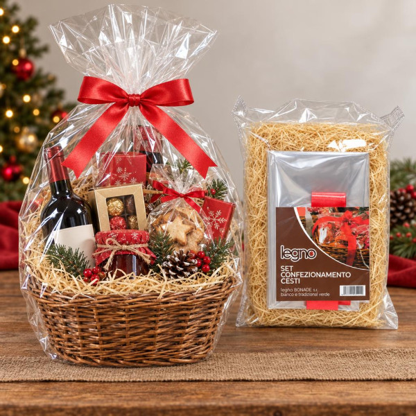 Kit confezionamento cesti regalo con foglio cellophane 100x130 cm, fiocco rosso e truciolo in legno Preda