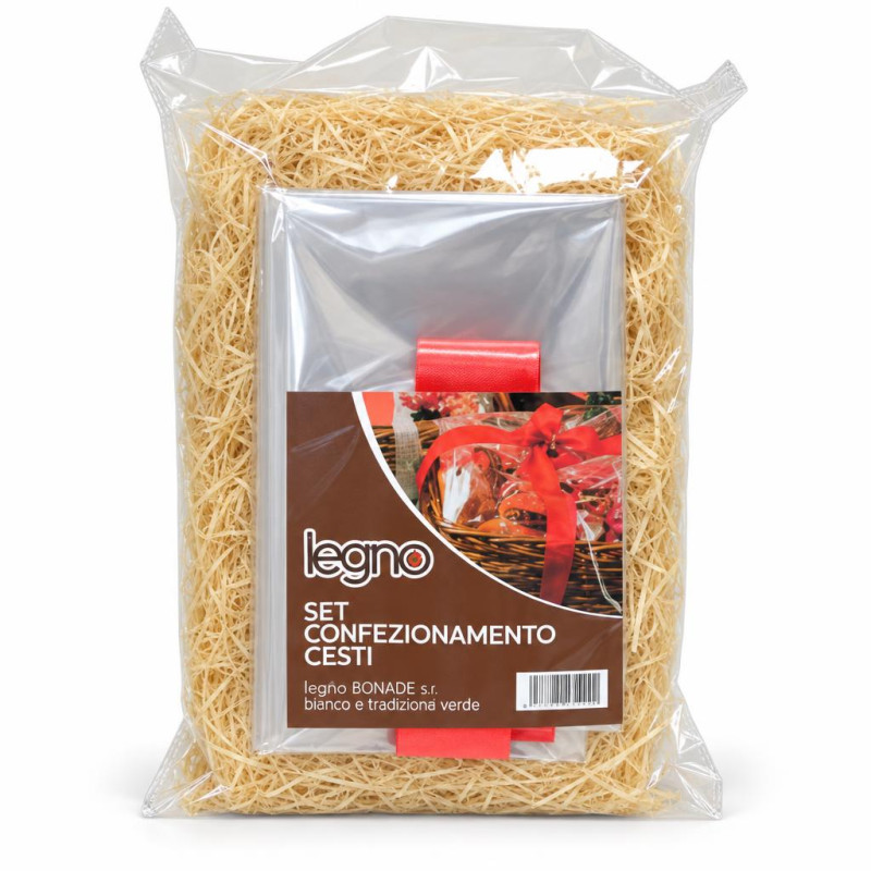Kit confezionamento cesti regalo con foglio cellophane 100x130 cm, fiocco rosso e truciolo in legno Preda