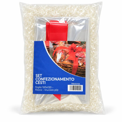 Kit confezionamento cesti regalo con foglio cellophane 100x130 cm, fiocco rosso e truciolo neutro Preda