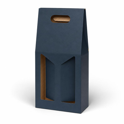 Scatola porta bottiglie in cartoncino 2 posti blu goffrato con finestre 18 x 9 x 38 cm FAG