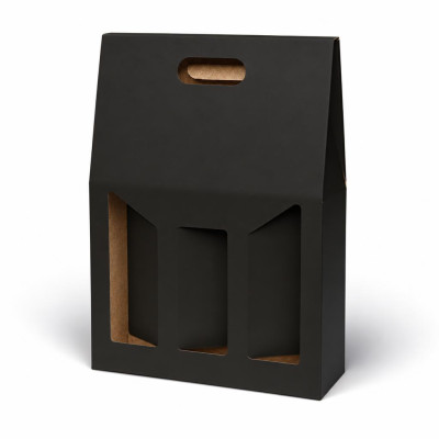 Scatola porta bottiglie in cartoncino 3 posti liscio nero con finestre 27 x 9 x 38 cm FAG
