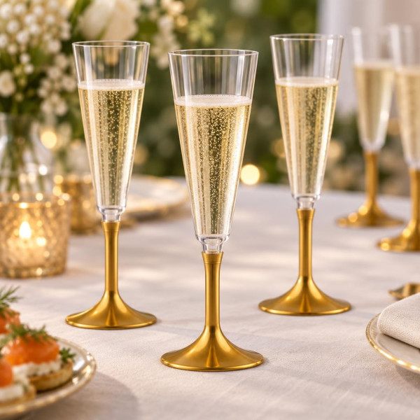Gambi oro per flute, calici e coppe champagne in plastica - 20 pz