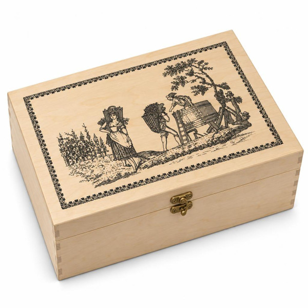 Cassetta portabottiglie in legno Preda chiusa, 2 bottiglie, coperchio decorato