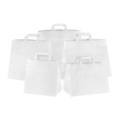 Shopper per asporto in carta kraft bianca 32+20x23 cm, fondo largo e maniglia piatta La Carta è
