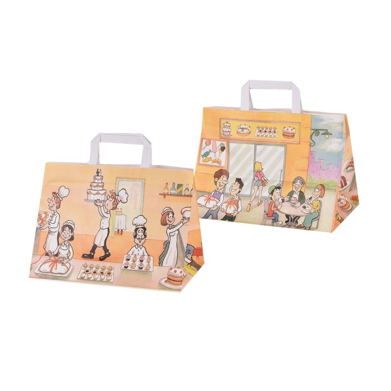 Shopper per pasticceria Cromo in carta illustrata 32+20x23 cm, fondo largo e maniglia piatta La Carta è