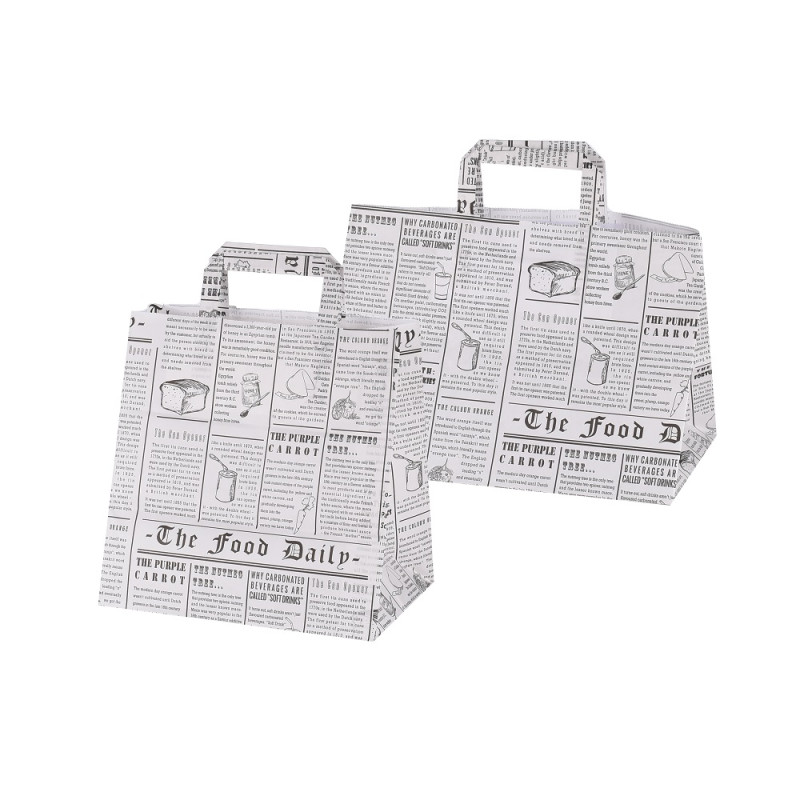 Shopper per asporto in carta Newspaper effetto giornale 32+20x23 cm, fondo largo e maniglia piatta La Carta è