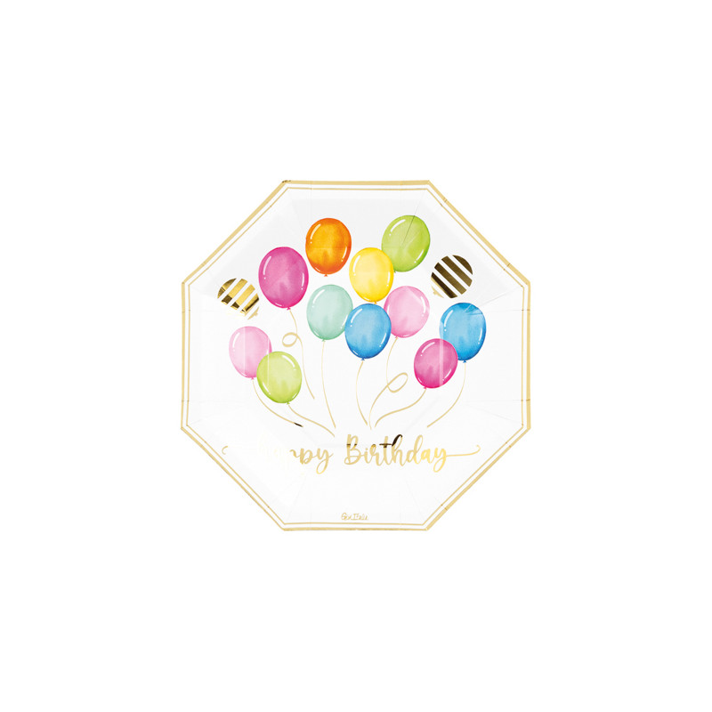 Piatti di carta ottagonali Birthday Balloons 20 cm - 8 pz