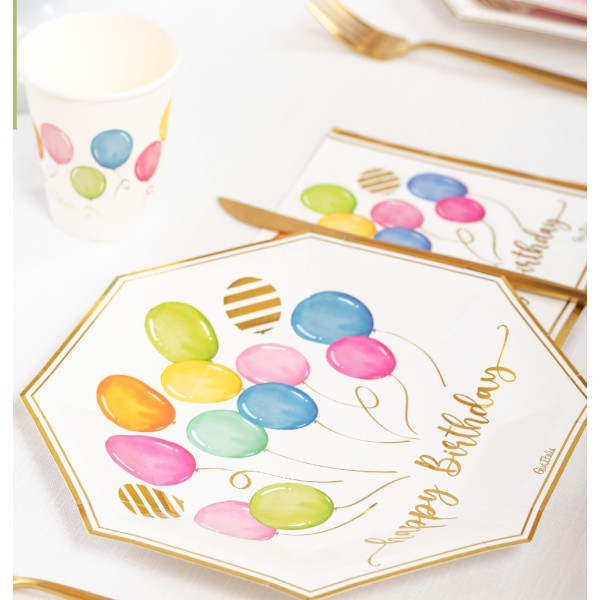 Piatti di carta ottagonali Birthday Balloons 20 cm - 8 pz