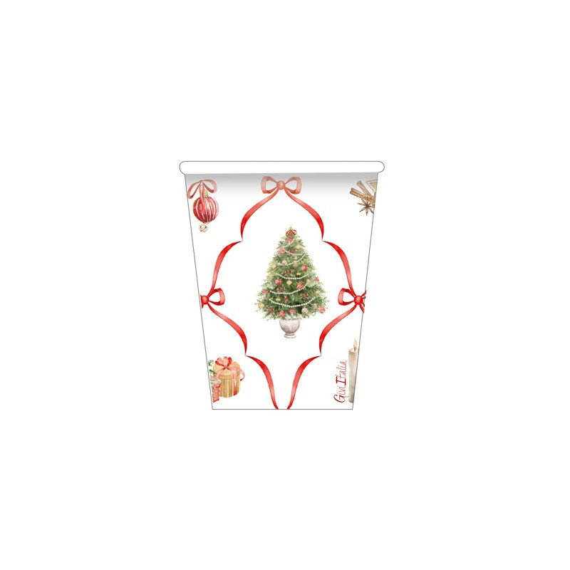 Bicchieri natalizi di carta Christmas Fantasy con nastri rossi 250 ml - 8 pz
