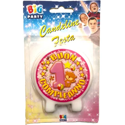 Candelina primo compleanno orsetto rosa Ø 7,5 cm