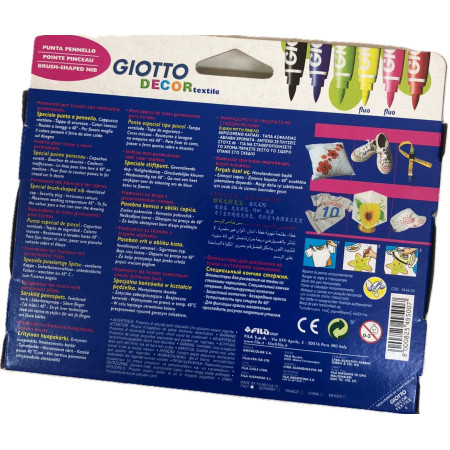Pennarelli per tessuti Giotto Decor Textile punta a pennello tratto 1-3 mm, resistenti al lavaggio a 40 °C, colori assortiti - 6