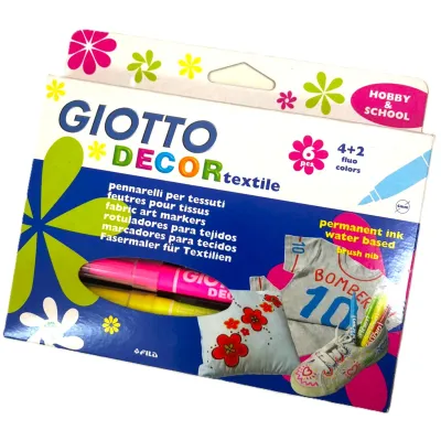 Pennarelli per tessuti Giotto Decor Textile punta a pennello tratto 1-3 mm, resistenti al lavaggio a 40 °C, colori assortiti - 6