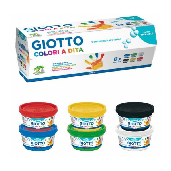 Colori a dita Giotto superlavabili, dermatologicamente testati, in barattoli da 100 ml con tappo a pressione, colori assortiti -