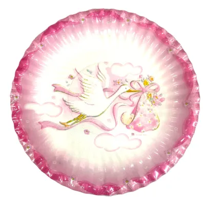 Piatti di carta nascita cicogna rosa Ø 18 cm - 10 pz