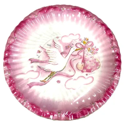 Piatti di carta nascita cicogna rosa Ø 24 cm - 10 pz