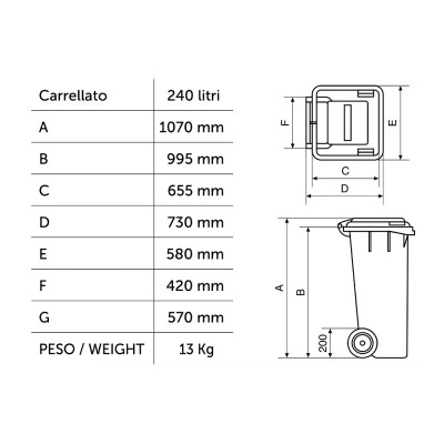 Bidone carrellato 240 litri Mobil Plastic con ruote e coperchio - raccolta differenziata