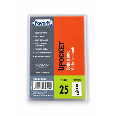 Buste a sacco portadocumenti Favorit Upocket 8x12 cm in polipropilene trasparente apertura lato corto - 25 pz