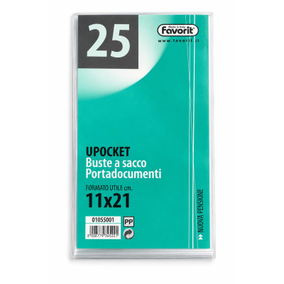 Buste a sacco portadocumenti Favorit Upocket 11x21 cm in polipropilene trasparente apertura lato corto - 25 pz