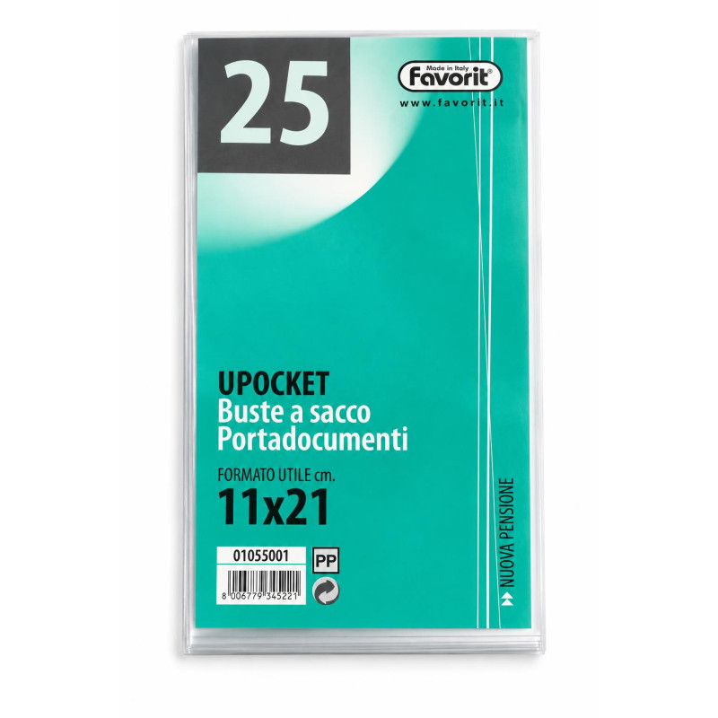 Buste a sacco portadocumenti Favorit Upocket 11x21 cm in polipropilene trasparente apertura lato corto - 25 pz