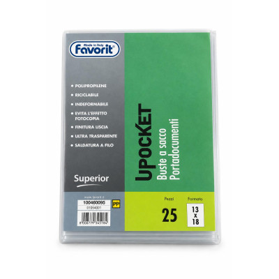 Buste a sacco portadocumenti Favorit Upocket 13x18 cm in polipropilene trasparente apertura lato corto - 25 pz