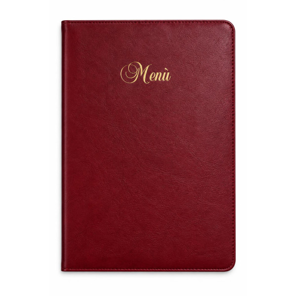 Portamenu London Leone A4 in similpelle blu o bordeaux con scritta "Menù" dorata - 2 ante e 6 pagine