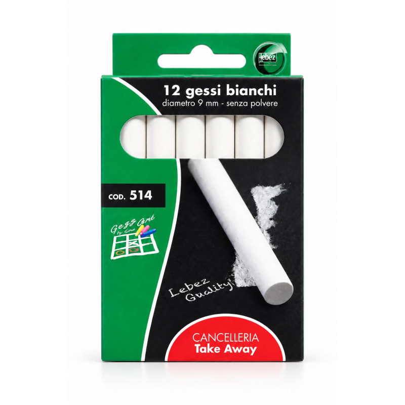 Gessi bianchi Lebez senza polvere tondi Ø 9 mm per lavagna, lunga durata e facili da cancellare - 12 pz