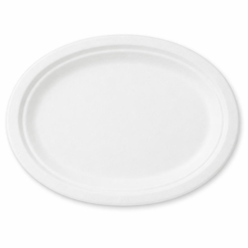 Piatti ovali compostabili in polpa di cellulosa bianchi 32x25,5 cm per forno e microonde Brenta - 25 pz