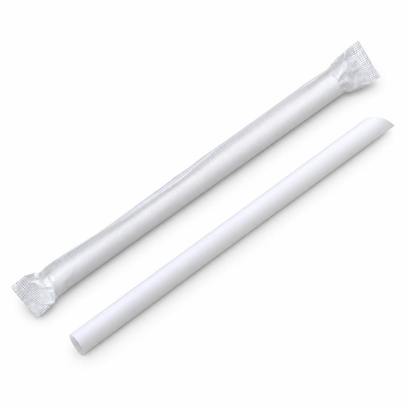 Maxi cannucce compostabili in PLA bianche 21 cm Ø 12 mm imbustate singolarmente per frullati e bubble tea Flo - 200 pz