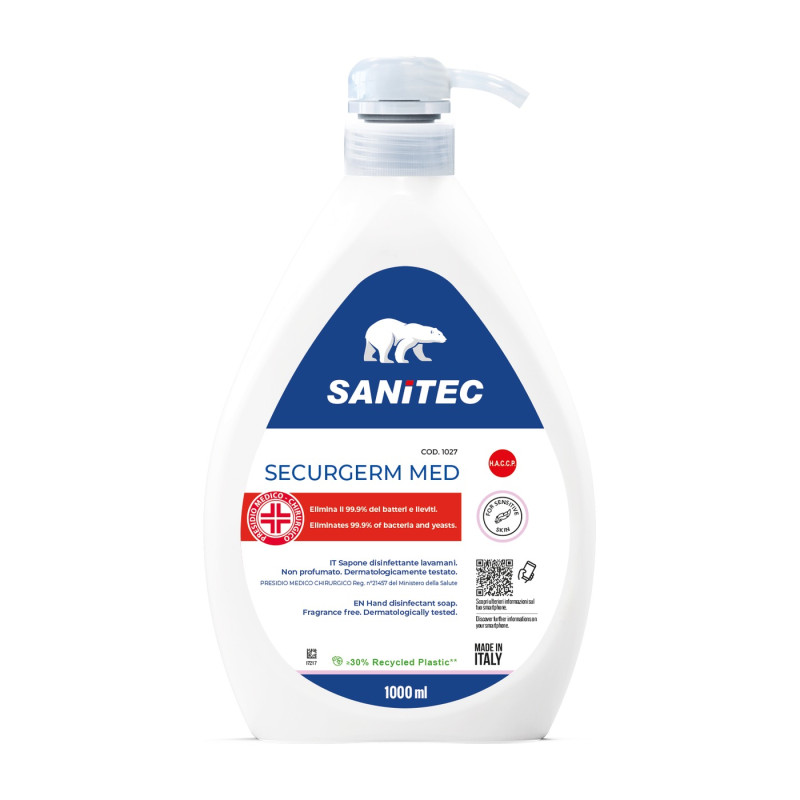 Sapone disinfettante lavamani PMC Sanitec Securgerm Med non profumato con dosatore 1 L