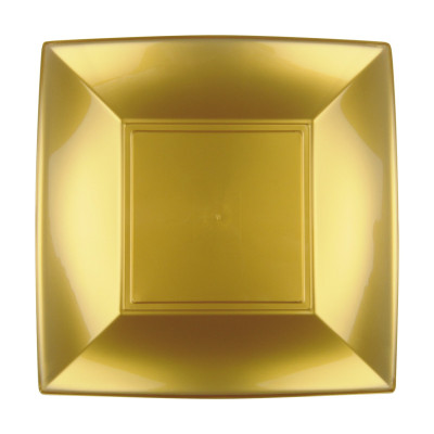 Piatti da dessert quadrati riutilizzabili in polipropilene oro 18 cm - 12 pz