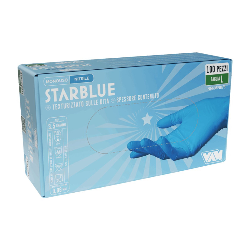 Guanti monouso in nitrile blu senza polvere 3,5 g Starblue VAM taglia L - 100 pz