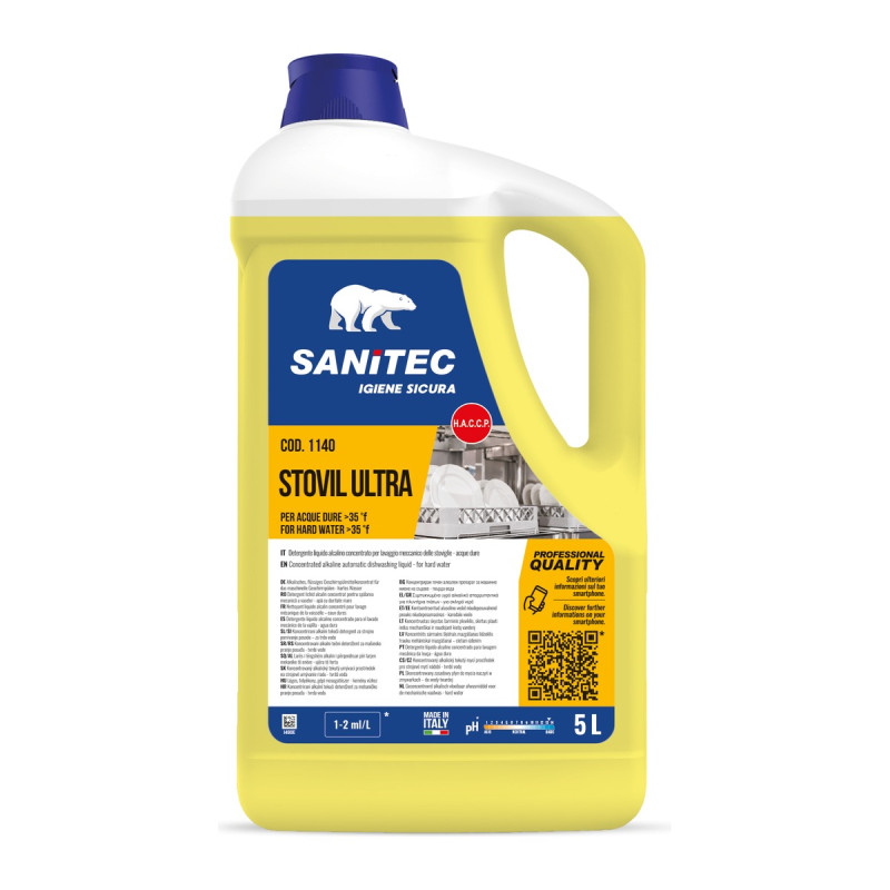 Detersivo liquido per lavastoviglie professionali Sanitec Stovil Ultra per acque dure 5 L