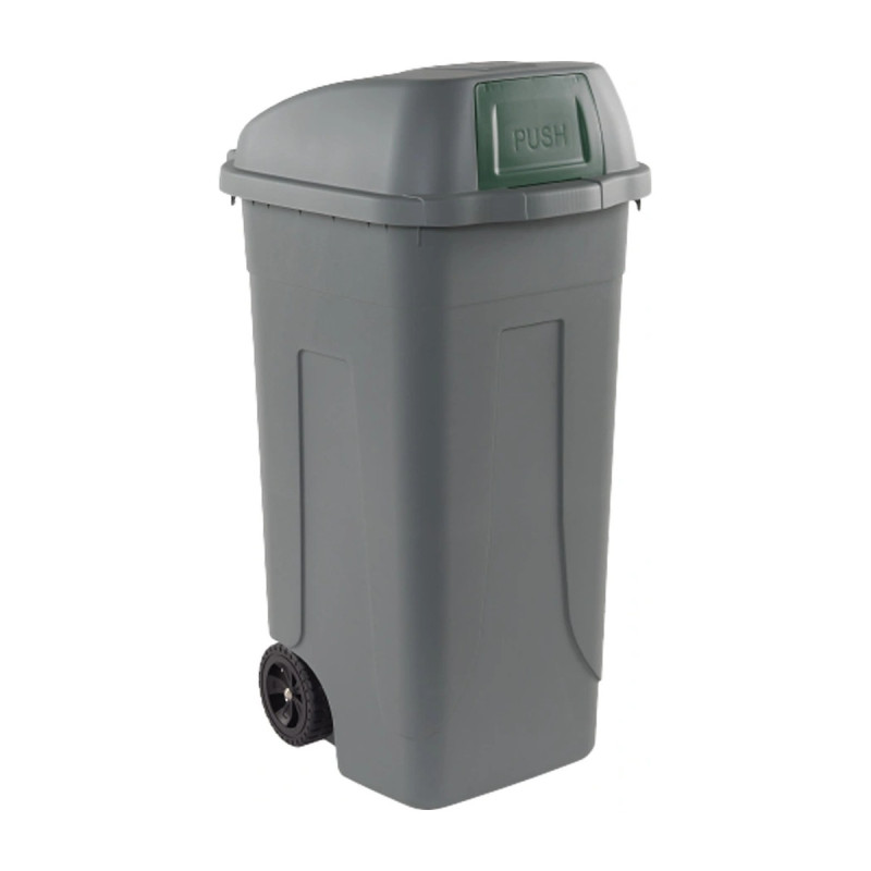 Bidone carrellato 100 litri Push grigio con sportello basculante verde per raccolta differenziata Mobil Plastic