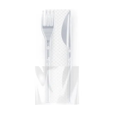 Kit bis posate imbustate in plastica trasparente 17,5 cm con tovagliolo, riutilizzabili Brenta Desko - 100 pz