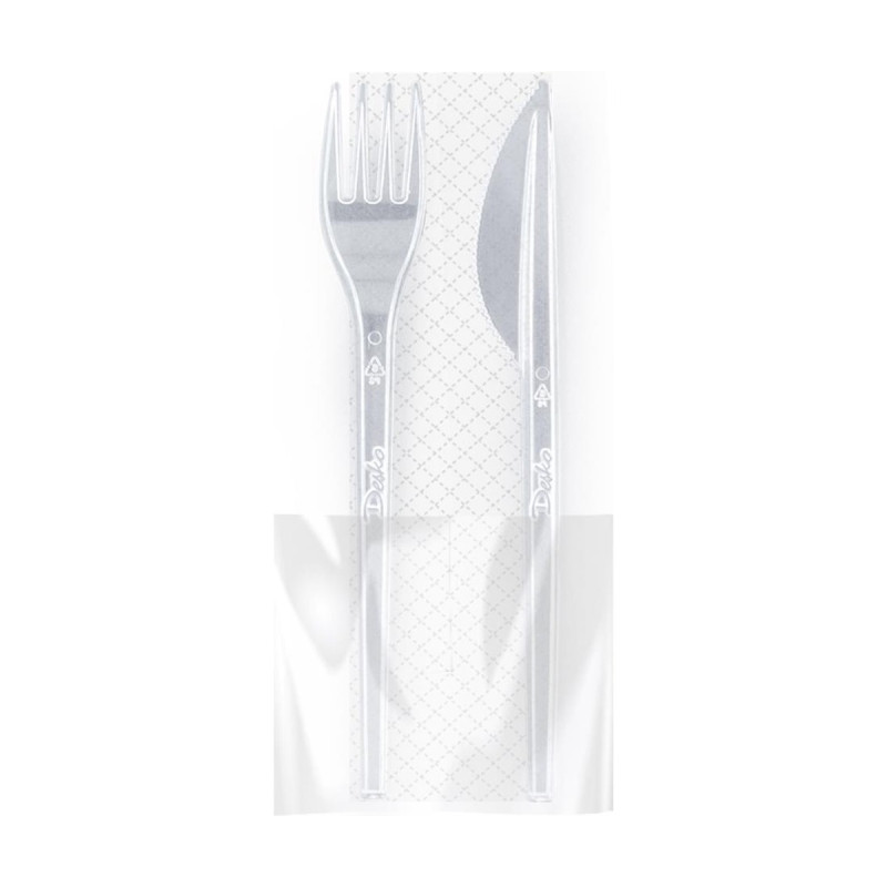 Kit bis posate imbustate in plastica trasparente 17,5 cm con tovagliolo, riutilizzabili Brenta Desko - 100 pz