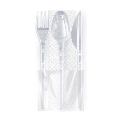 Kit tris posate imbustate in plastica trasparente 18 cm con tovagliolo, riutilizzabili Brenta Desko - 100 pz