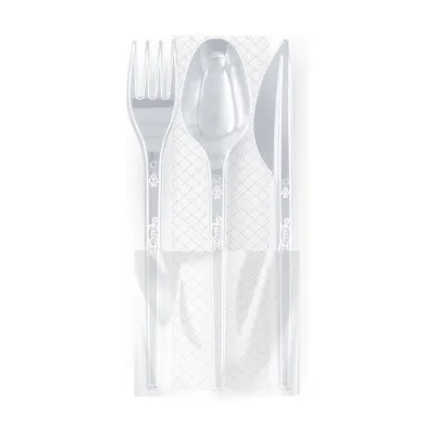 Kit tris posate imbustate in plastica trasparente 18 cm con tovagliolo, riutilizzabili Brenta Desko - 100 pz
