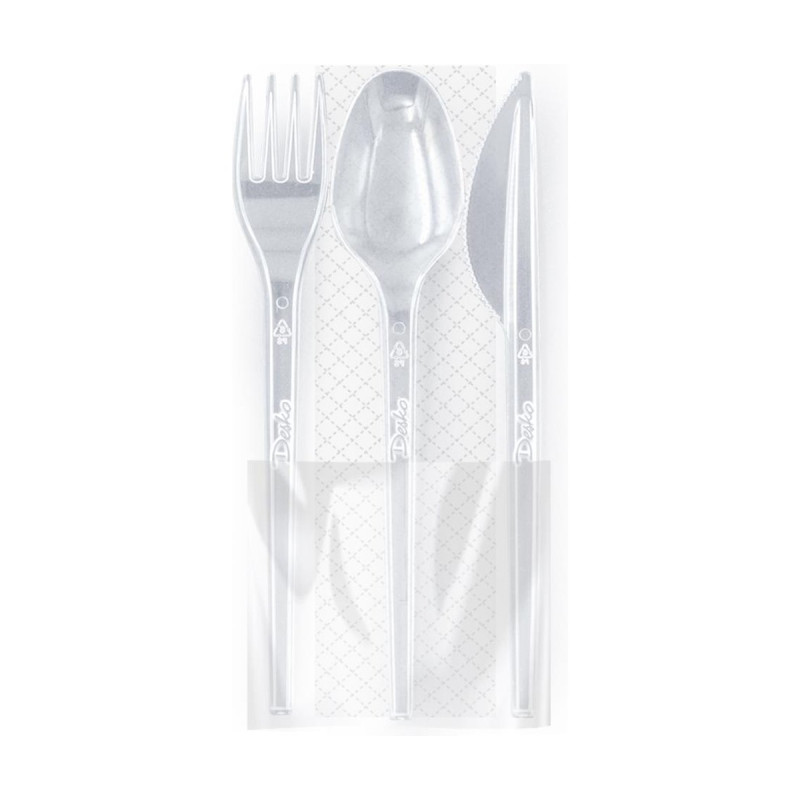 Kit tris posate imbustate in plastica trasparente 18 cm con tovagliolo, riutilizzabili Brenta Desko - 100 pz
