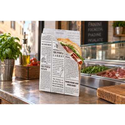 Sacchetti antigrasso Newspaper 15x20 cm apertura laterale per panini, hot dog e fritti La Carta è - 1000 pz