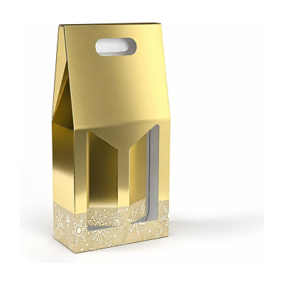 Scatola porta bottiglie in cartoncino 2 posti liscio oro glitter con finestra FAG