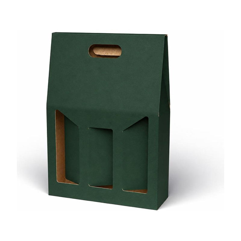 Scatola porta bottiglie in cartoncino 3 posti liscio verde con finestra FAG