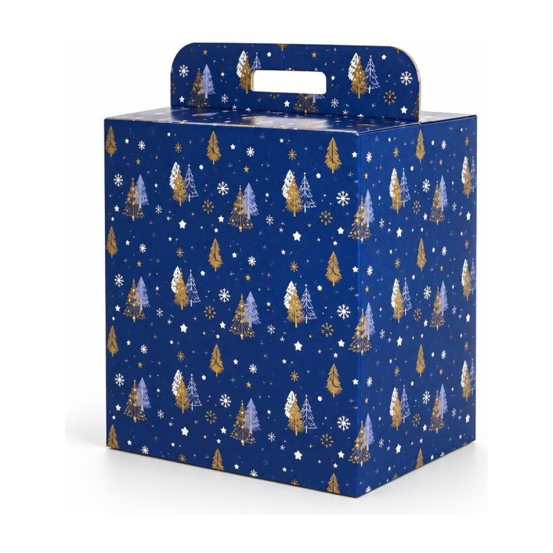 Scatola portapanettone e strenne con maniglia Fairy Trees blu con alberi oro 43x26x34 cm portata 7 kg FAG