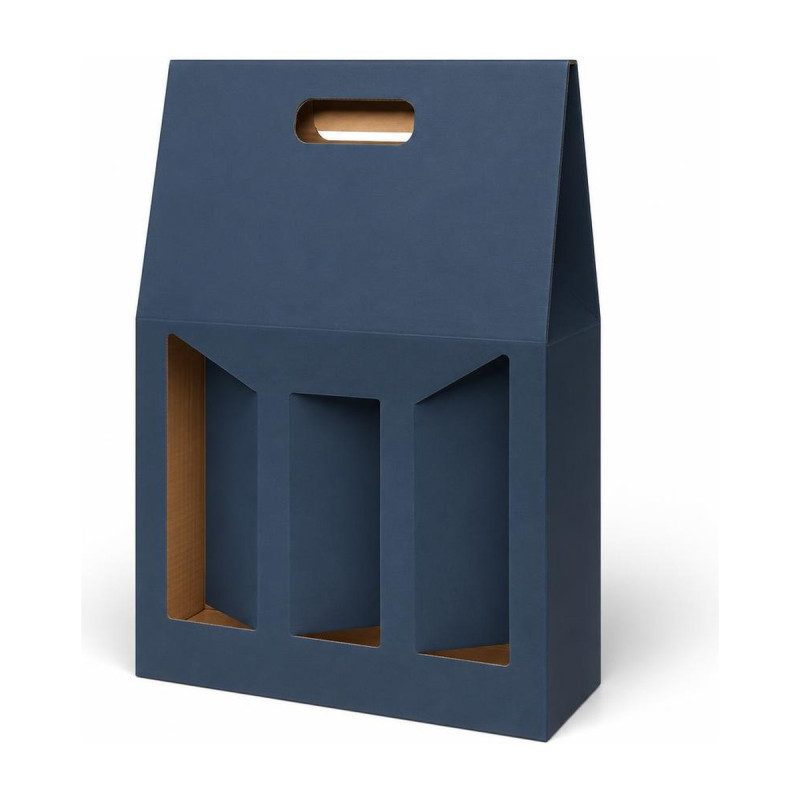 Scatola porta bottiglie in cartoncino 3 posti liscio blu con finestra FAG