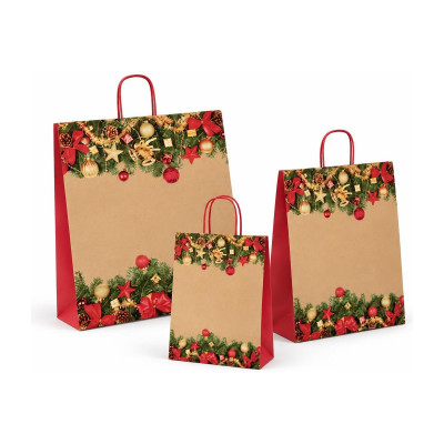 Shopper regalo natalizia Cortina avana con ghirlande e maniglie ritorte rosse 32+13x41 cm Carpad