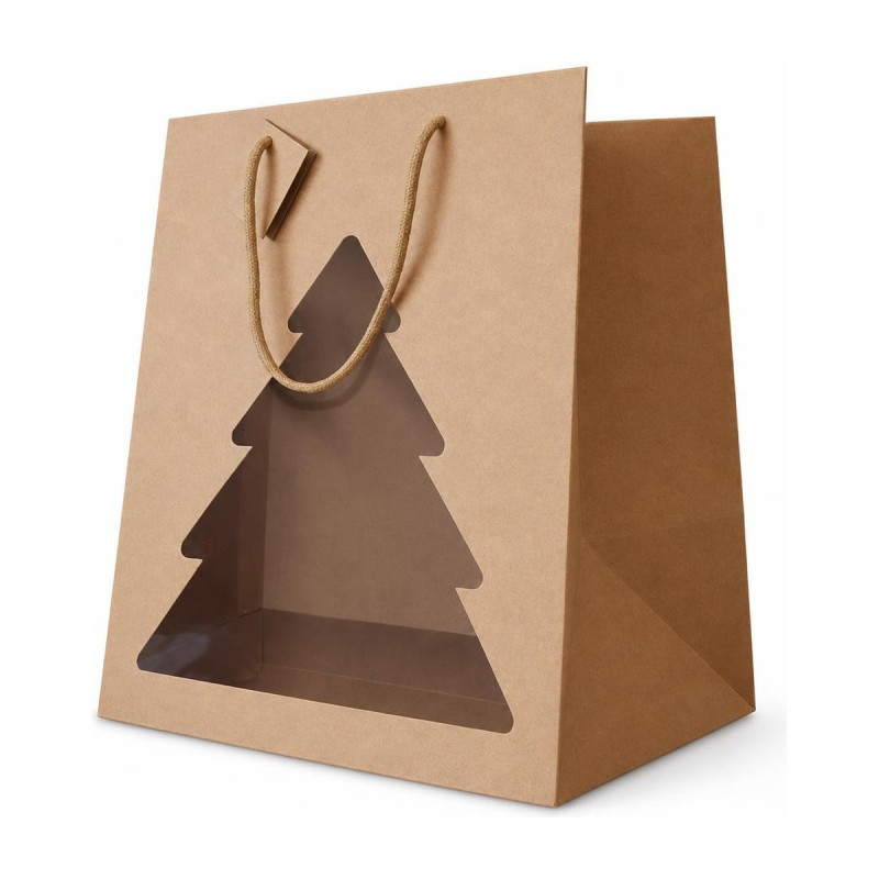Shopper portapanettone in carta kraft avana con finestra ad albero di Natale 24,5+24,5x33,5 cm Decoration Group