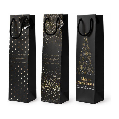 Busta portabottiglie Black Christmas nera con stampe oro assortite 10+9x39 cm Decoration Group
